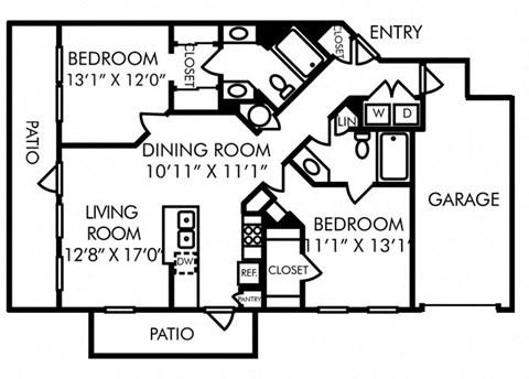 Floor plan for 2 beds, 2 baths, 1162 sqft